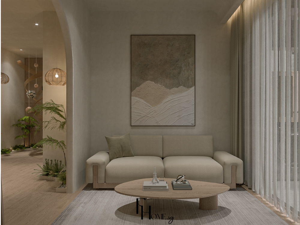 Phòng khách Nhật Bản với bộ sofa gỗ tuyết tùng, thảm tre và màu sắc trắng ngà tạo không gian thanh tịnh.