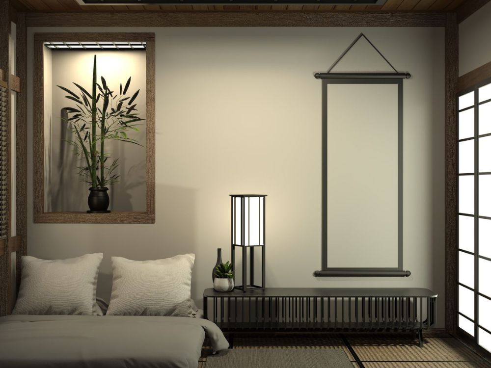 Phòng ngủ phong cách Nhật Bản với tông be nâu, chậu cây trúc, đèn giấy và ánh sáng nhẹ thư giãn