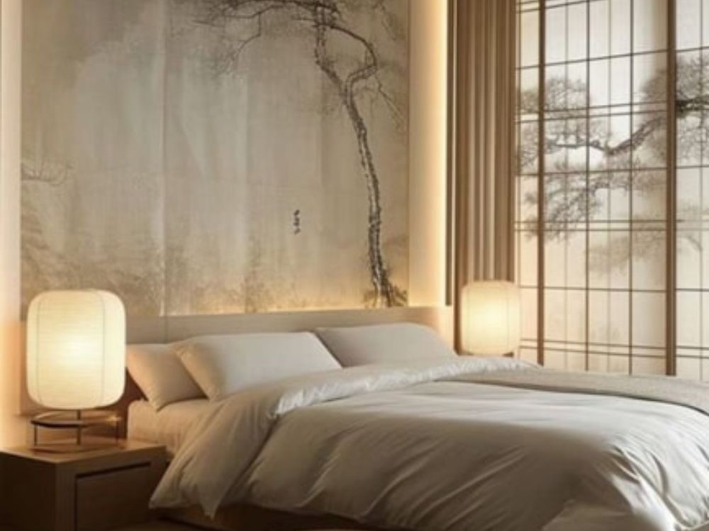 Phòng ngủ phong cách Nhật Bản với giường nệm trắng, đèn lồng đôi, vách Shoji và tranh tường tối giản