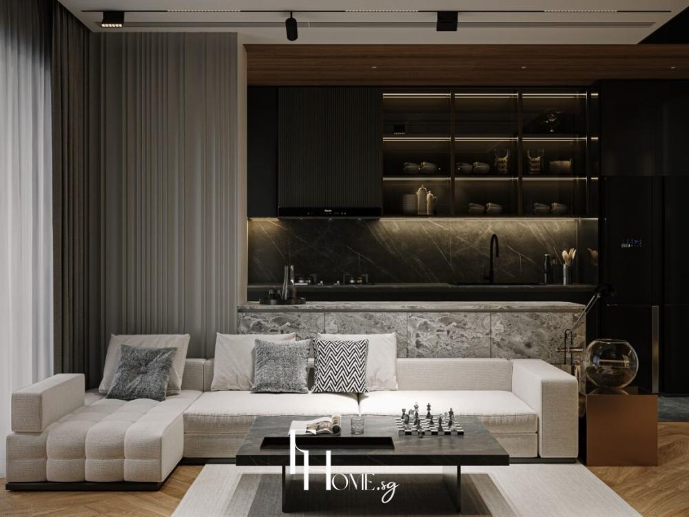 Thiết kế nội thất chung cư 3 phòng ngủ phong cách Wabi Sabi - Golden Mansion - khách liền bếp