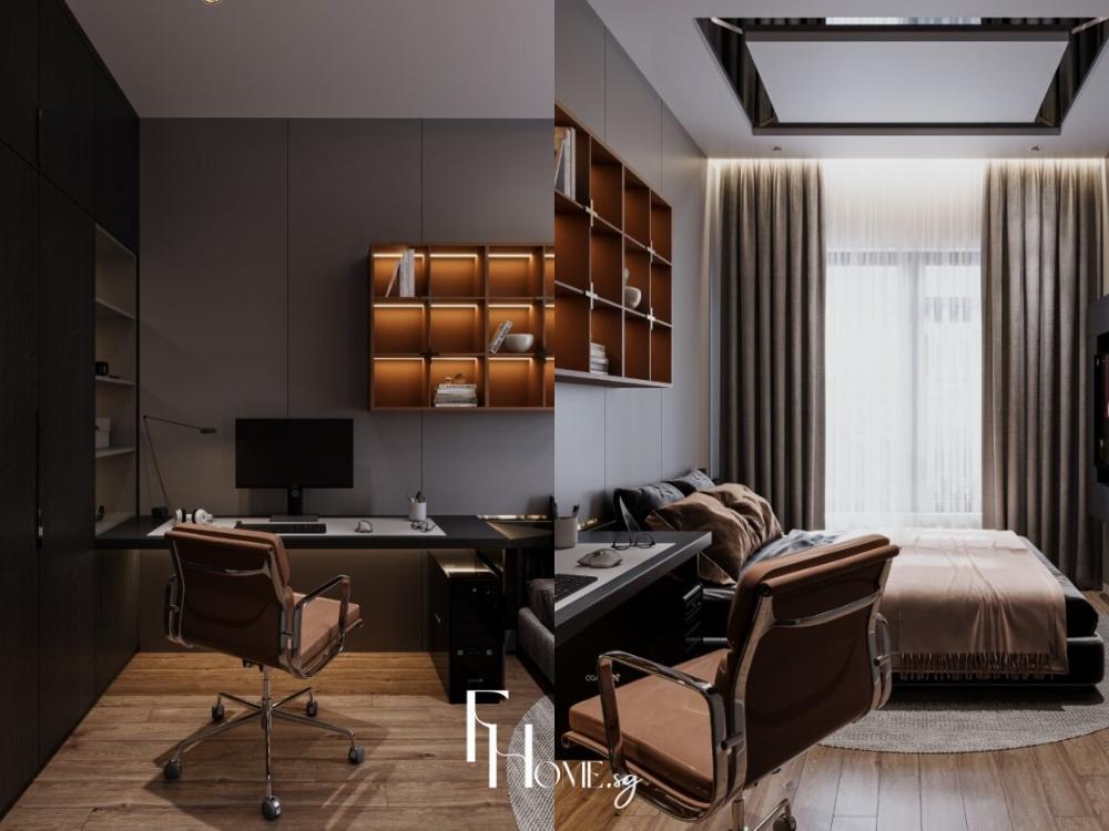 Thiết kế nội thất chung cư 3 phòng ngủ phong cách Wabi Sabi - Golden Mansion - phòng ngủ kết hợp phòng làm việc