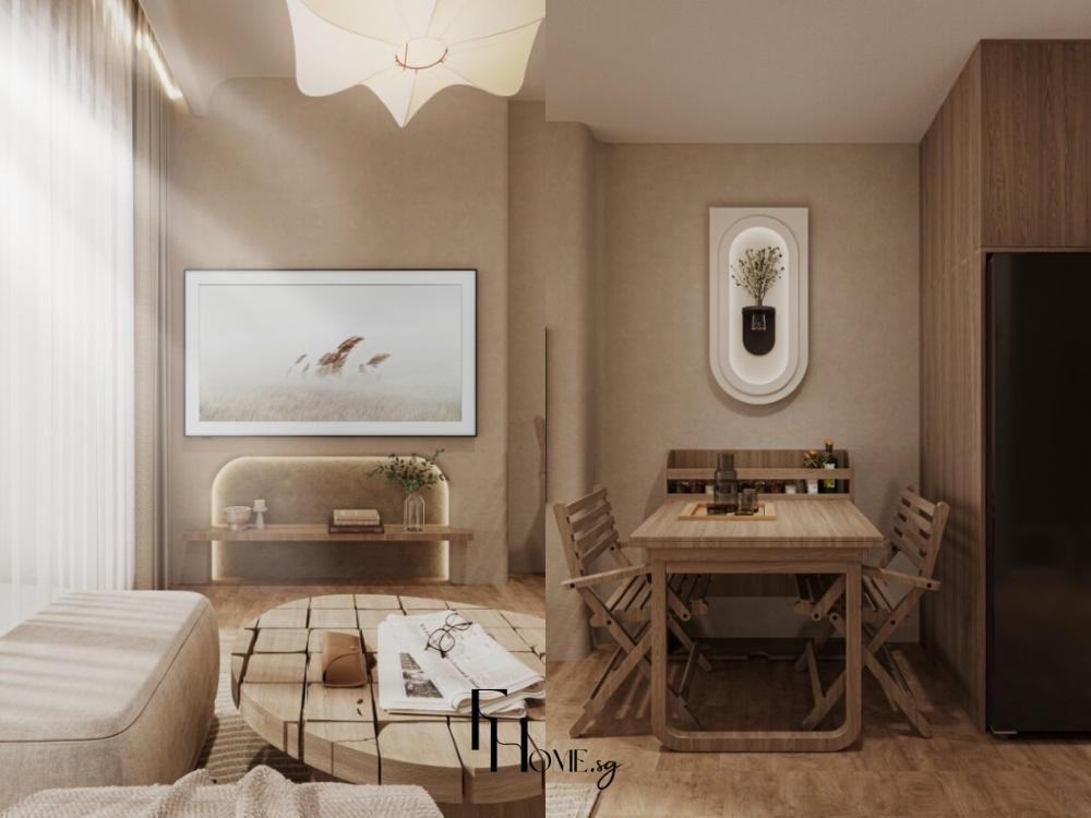 Thiết kế nội thất chung cư 3 phòng ngủ phong cách Wabi Sabi - Vinhomes - phòng khách ngang