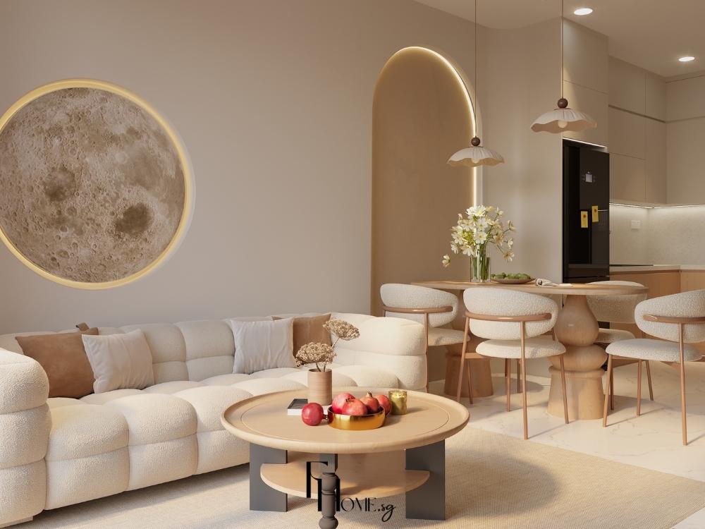 Ánh sáng tự nhiên tràn ngập từ cửa sổ lớn, làm nổi bật màu sắc và không gian rộng rãi