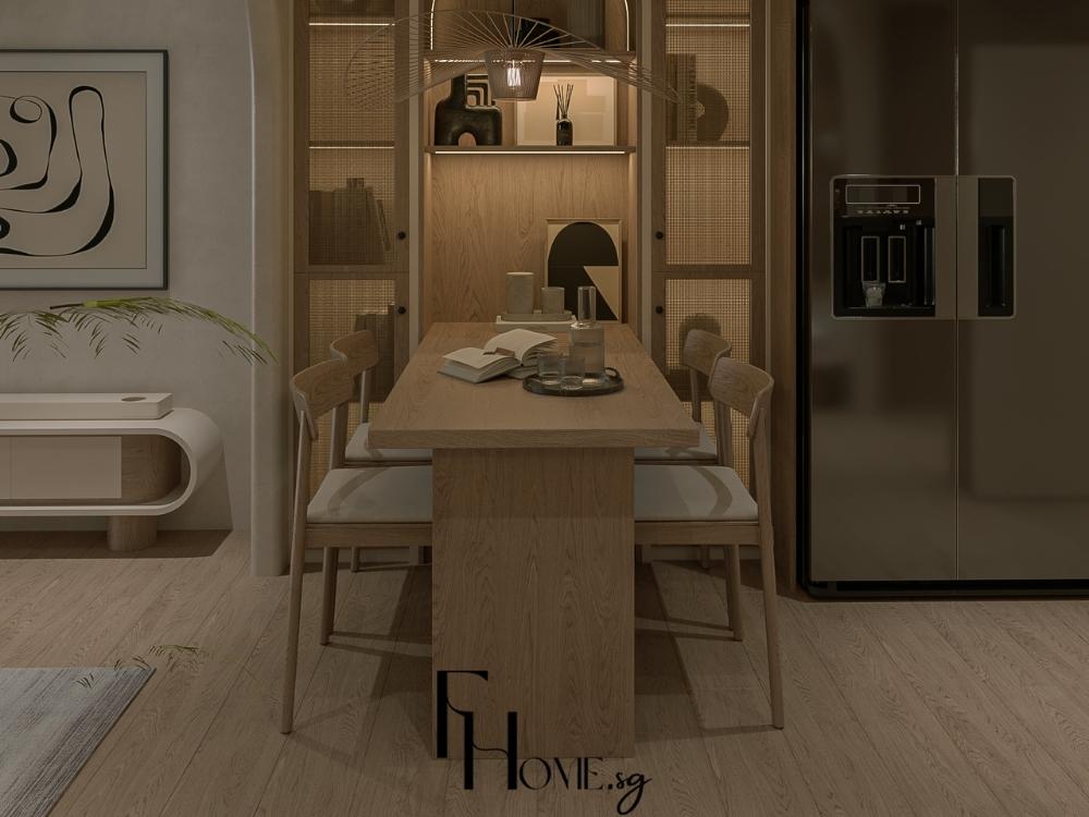 Bàn ăn gỗ đơn giản, thiết kế gọn gàng phù hợp với không gian nhỏ nhưng vẫn đảm bảo sự ấm cúng cho bữa ăn gia đình