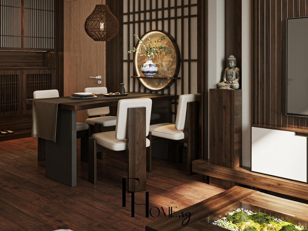 Bàn ăn nhà phố 90m² phong cách Japandi bố trí gọn gàng, sử dụng vật liệu tự nhiên, mang đến không gian ăn uống cân bằng, tiện nghi và thoải mái