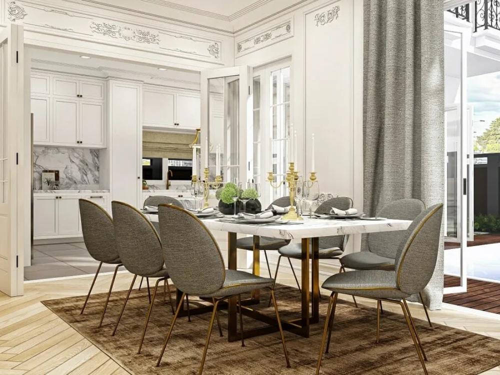 Bàn ăn nhà phố 90m² phong cách Tân cổ điển với thiết kế tinh xảo, bố trí hợp lý, tạo khu vực ăn uống tiện nghi