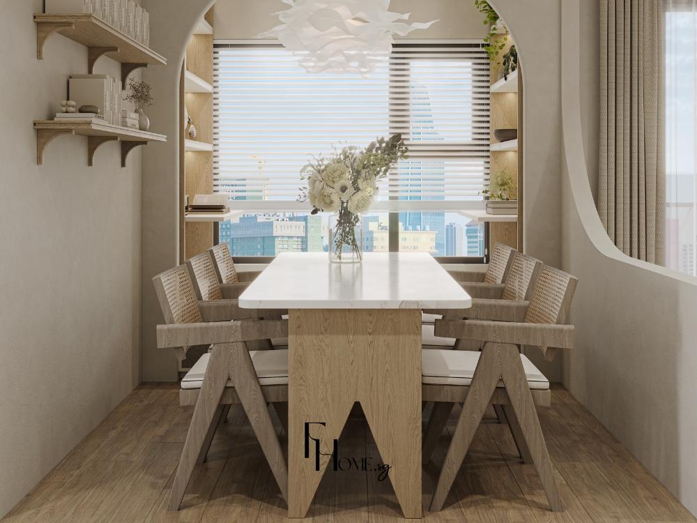 Bàn ăn trong phòng bếp nhà phố 4x16m bố trí gọn gàng, kết hợp với không gian bếp thông thoáng