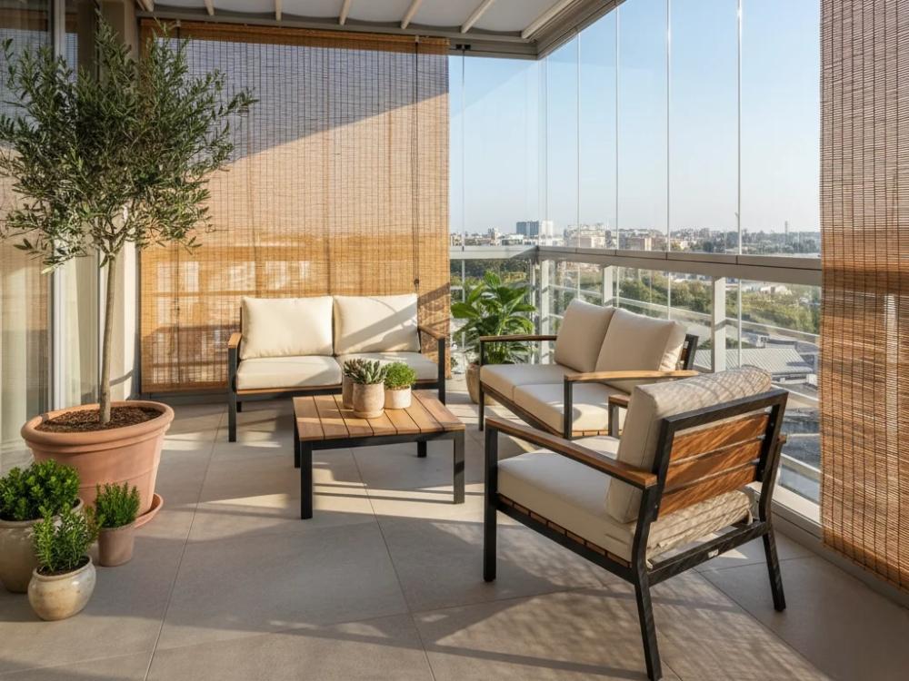 Ban công nhà phố 90m² với khu vườn nhỏ xanh mát, bố cục hợp lý, mang đến cảm giác thoáng đãng, yên bình