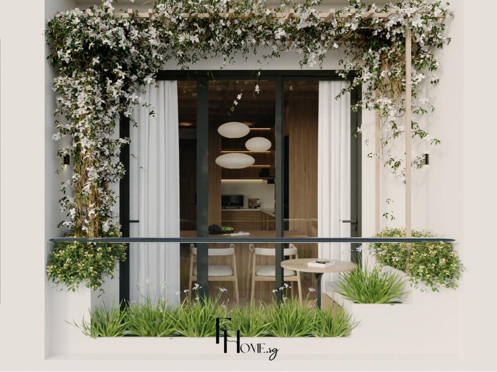 Ban công phong cách Tropical với cây xanh như cọ, cau cảnh và monstera