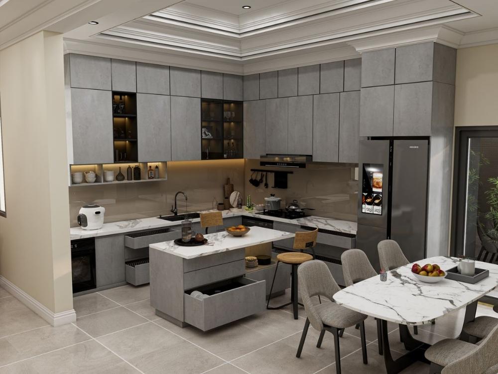 Bàn đảo bếp độc lập, tạo không gian lưu trữ và bề mặt thao tác tiện lợi cho gia đình