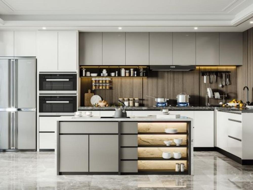 Bàn đảo bếp hiện đại có thể dùng làm quầy bar, bàn ăn sáng hoặc nơi giao lưu trong gia đình