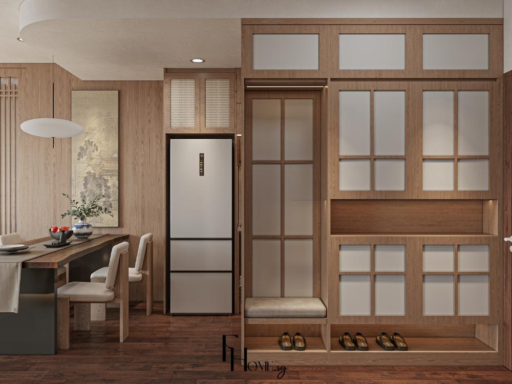 Bàn ghế và tủ bằng gỗ sồi bền bỉ, phù hợp cho phòng khách rộng 25m², thể hiện sự tinh tế và đầu tư lâu dài