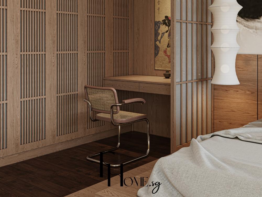 Bàn làm việc gam màu trung tính, bố trí tối giản, giúp không gian làm việc rộng rãi và thoải mái