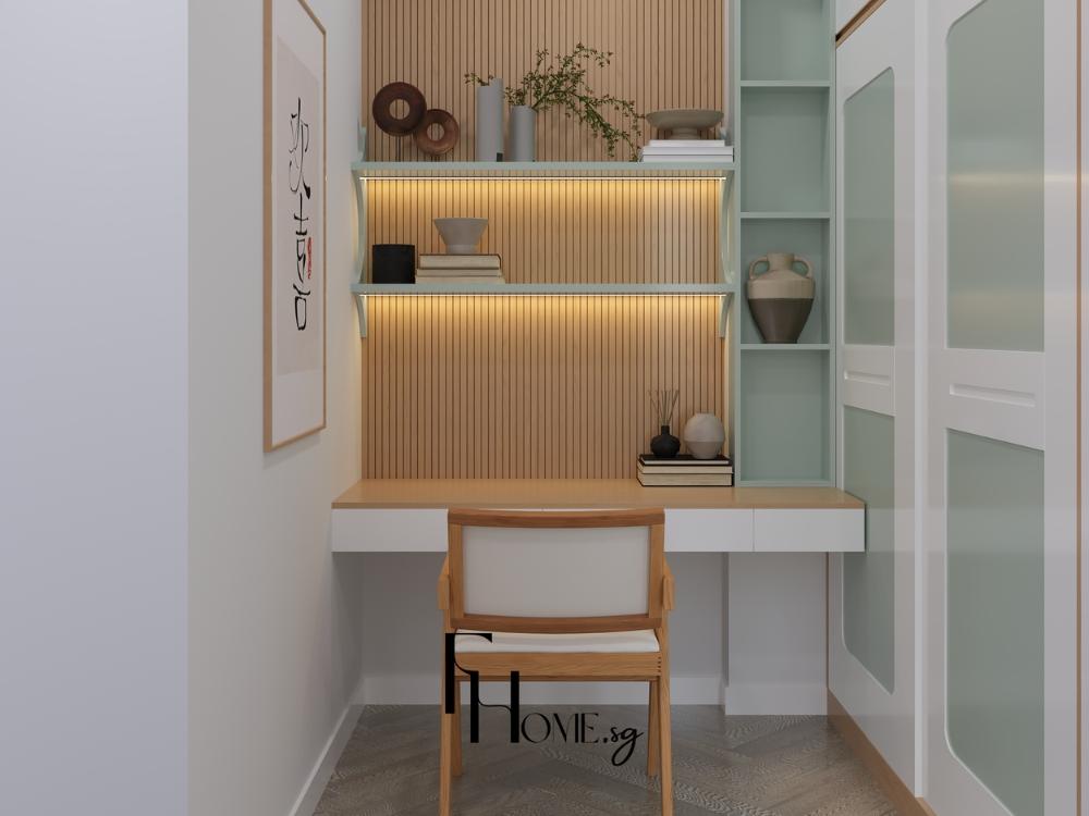 Bàn làm việc phong cách Japandi với thiết kế đơn giản, chất liệu gỗ tự nhiên, bố trí gọn gàng, tạo không gian làm việc cân bằng và thoải mái