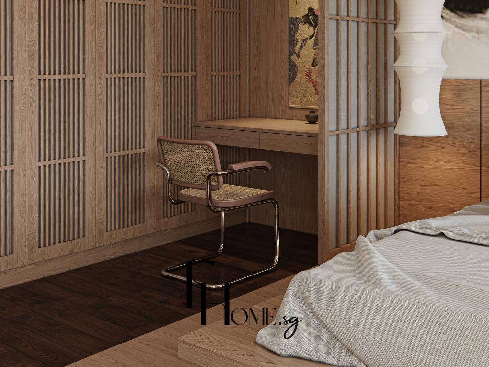 Bàn làm việc trong phòng ngủ phong cách Nhật Bản được bố trí cạnh tủ gỗ, thiết kế tối giản với bề mặt phẳng và ánh sáng tự nhiên dịu nhẹ