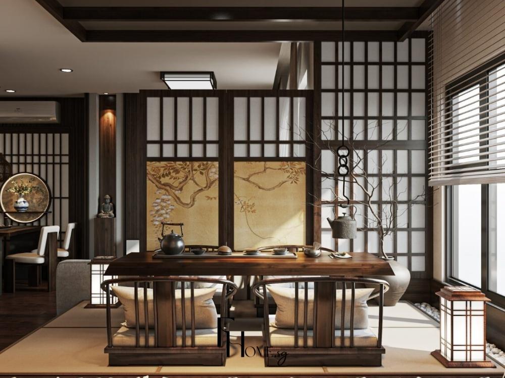 Bàn trà gỗ mộc mạc, ánh sáng nhẹ và bố cục tối giản tạo nên cảm giác an yên tuyệt đối