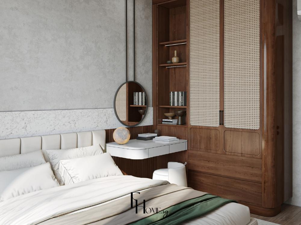 Bàn trang điểm được bố trí treo tường cùng ánh sáng tự nhiên, tạo cảm giác cân đối và hài hòa