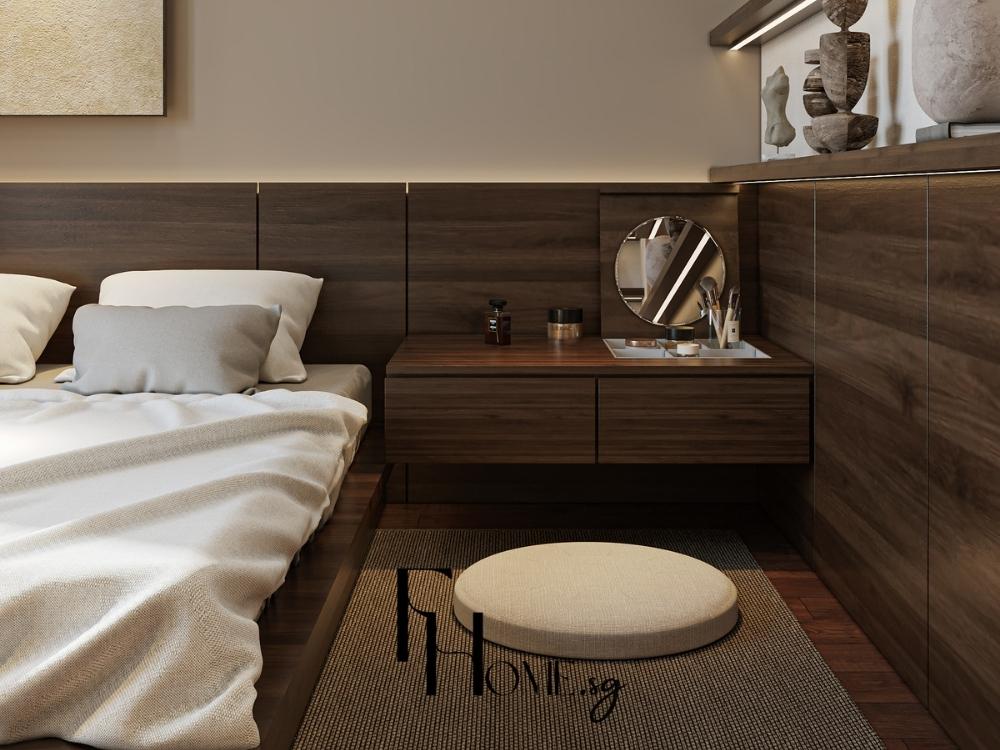 Bàn trang điểm gắn liền tường trong phòng ngủ 12m², thiết kế tối giản và vật liệu thô mộc