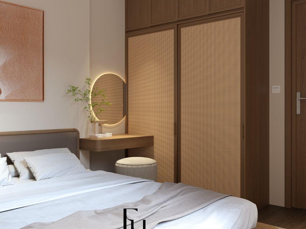 Bàn trang điểm hiện đại với gương tròn và ngăn kéo tiện lợi, mang vẻ đẹp tối giản