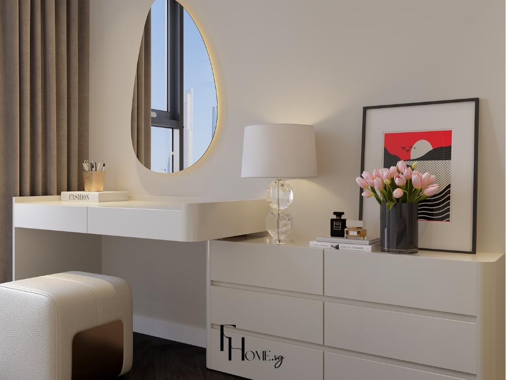 Bàn trang điểm thiết kế tối giản với đường nét thẳng gọn gàng, mang vẻ đẹp thanh thoát và tinh tế