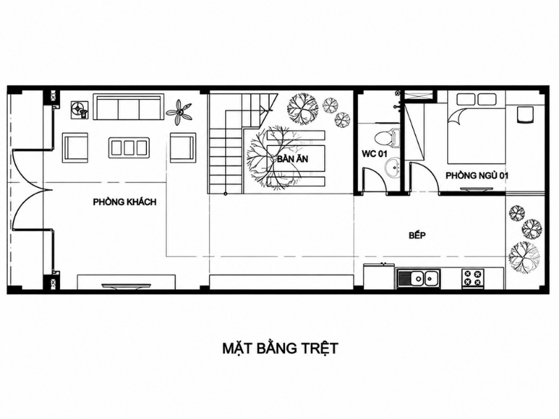 Bản vẽ mặt bằng bố trí nội thất nhà phố 5x20m 1 tầng có 2 giếng trời