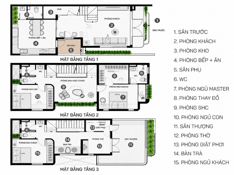 Bản vẽ mặt bằng bố trí nội thất nhà phố 5x20m 3 tầng có phòng thờ và sân thượng 