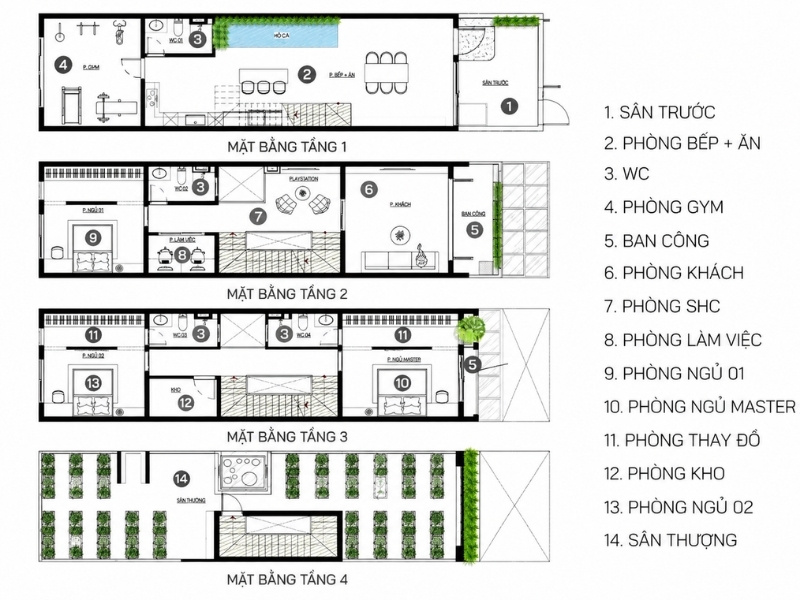Bản vẽ mặt bằng bố trí nội thất nhà phố 5x20m 4 tầng có hồ cá phòng gym và sân thượng