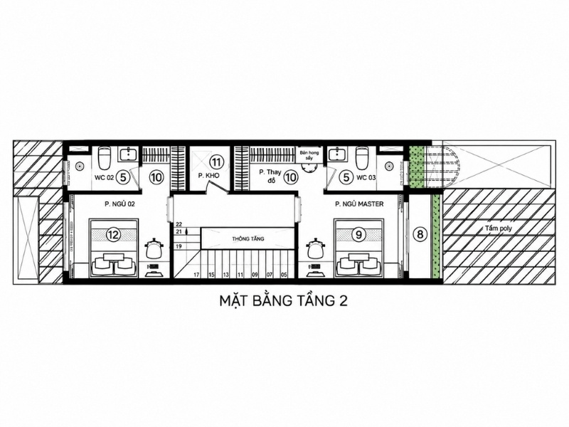 Bản vẽ mặt bằng nội thất tầng 2 nhà phố 2 tầng có phòng ngủ master và thông tầng