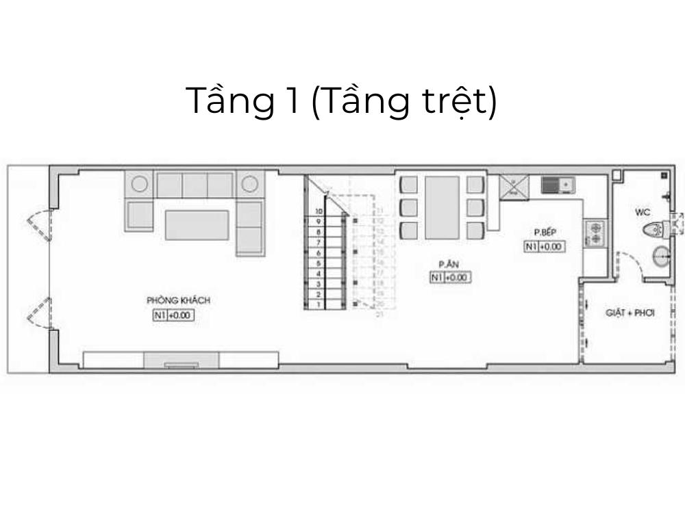 Bản vẽ mặt bằng tầng 1 nhà phố 4x14m bố trí phòng khách, bếp và bàn ăn liên thông
