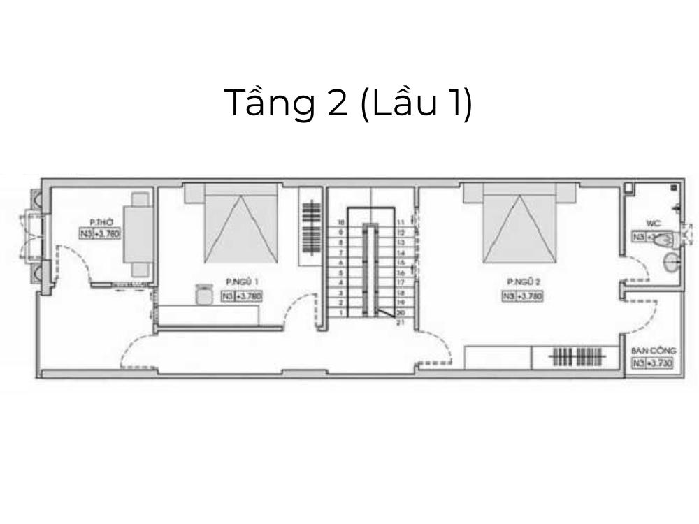 Bản vẽ mặt bằng tầng 2 với bố cục 2 phòng ngủ và khu sinh hoạt riêng, đảm bảo sự riêng tư và tiện nghi
