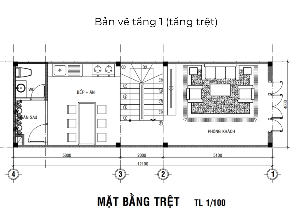 Sưu tầm - Bản vẽ tầng 1 - tầng trệt nhà phố 3 tầng 5x20m