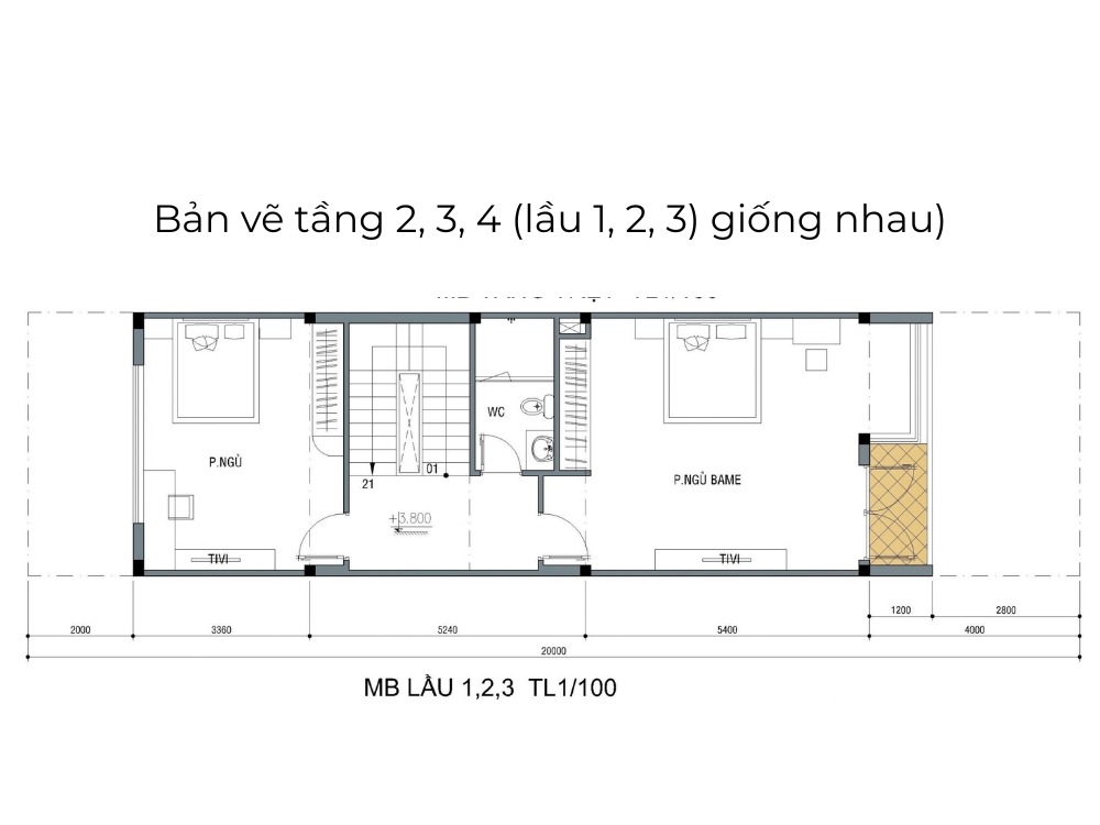 Sưu tầm - Bản vẽ tầng 2, 3, 4 (lầu 1, 2, 3) nhà phố 4 tầng 5x20m