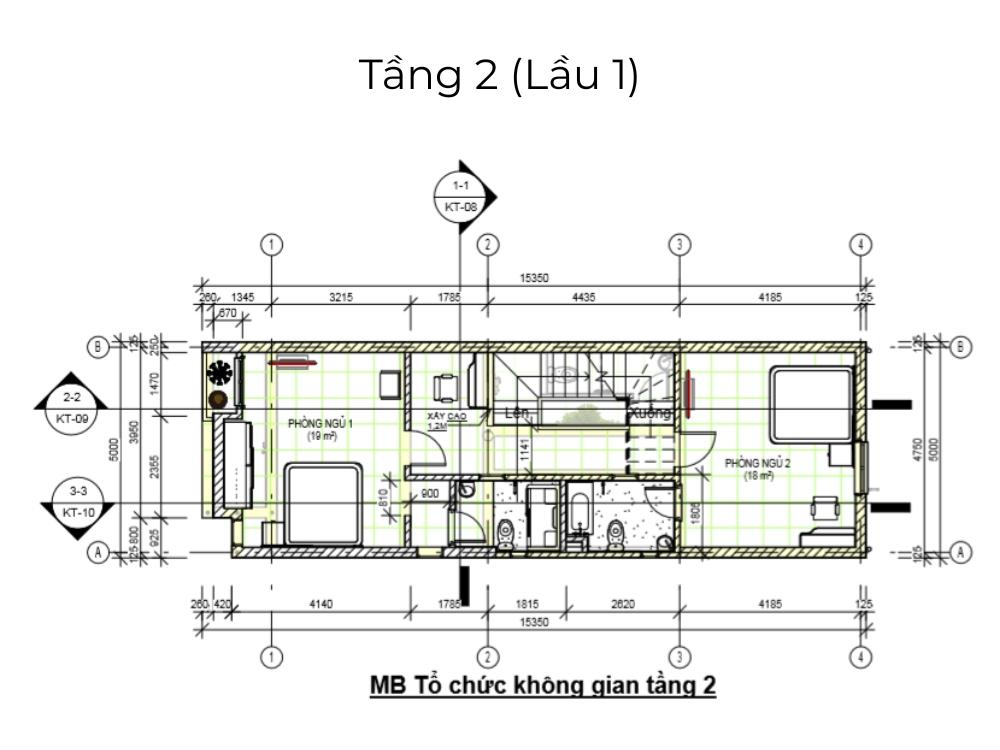 Bản vẽ tầng 2 gồm các phòng ngủ và khu sinh hoạt riêng, tận dụng tối đa nguồn sáng tự nhiên