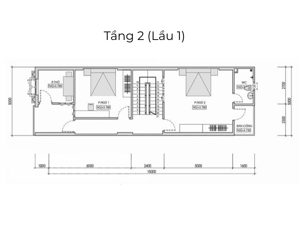 Sưu tầm - Bản vẽ tầng 2 (lầu 1) nhà phố 2 tầng 5x20m