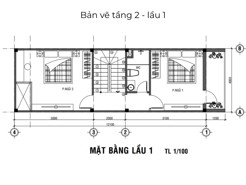 Sưu tầm - Bản vẽ tầng 2 (lầu 1) nhà phố 3 tầng 5x20m