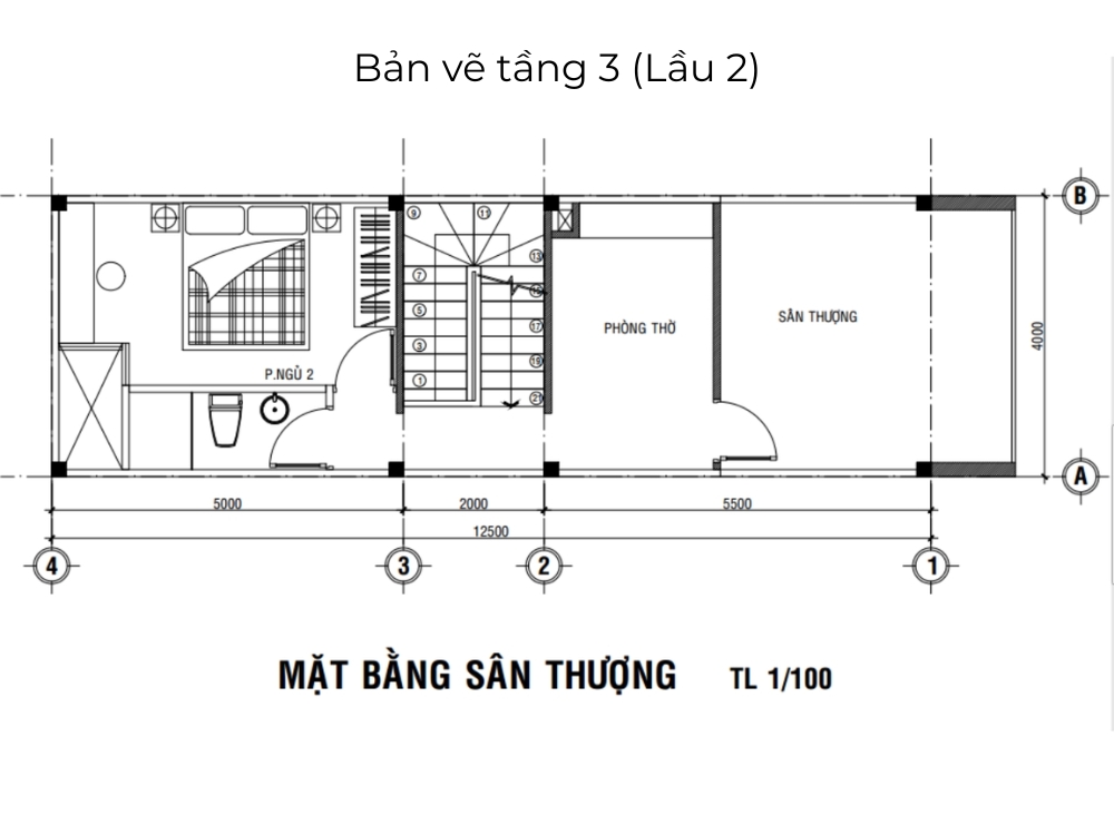 Sưu tầm - Bản vẽ tầng 3 (lầu 2) nhà phố 3 tầng 5x20m