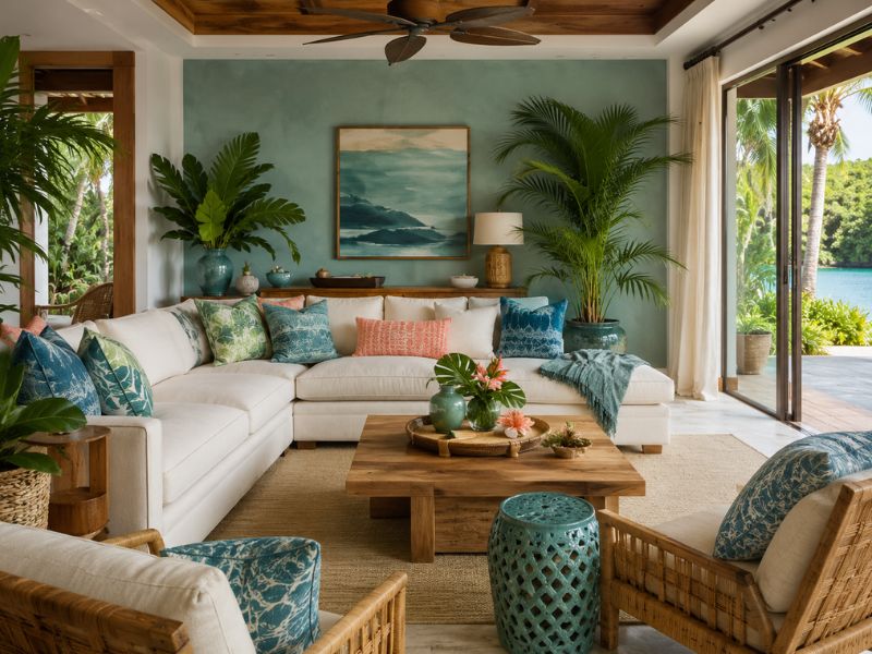 Bảng màu phong cách Tropical với nội thất gỗ, đèn mây tre, cây xanh và điểm nhấn xanh lá trong không gian mở