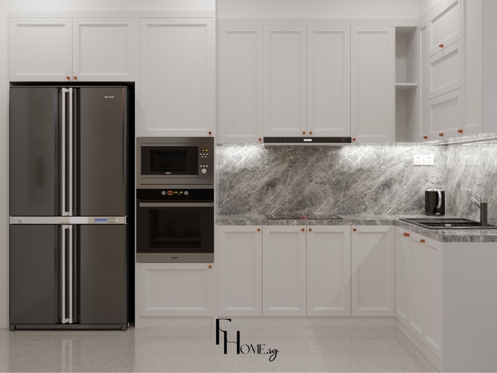 Bếp chữ L hiện đại với bố cục tam giác vàng giữa bếp nấu, bồn rửa và tủ lạnh, giúp thao tác nấu nướng thuận tiện hơn