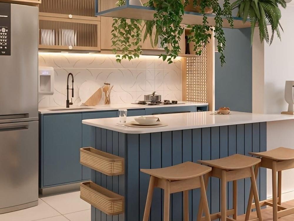 Bếp nhỏ sử dụng gam màu sáng xanh dương làm màu nền chủ đạo