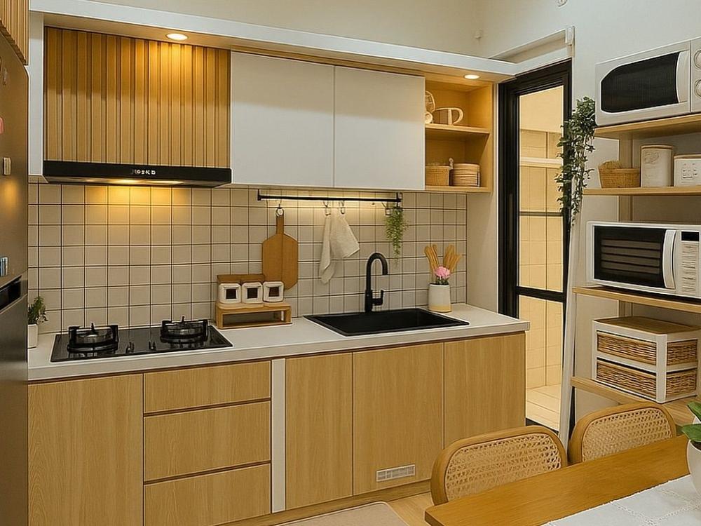 Bếp studio với bếp từ đôi, tủ lạnh mini và gam màu sáng