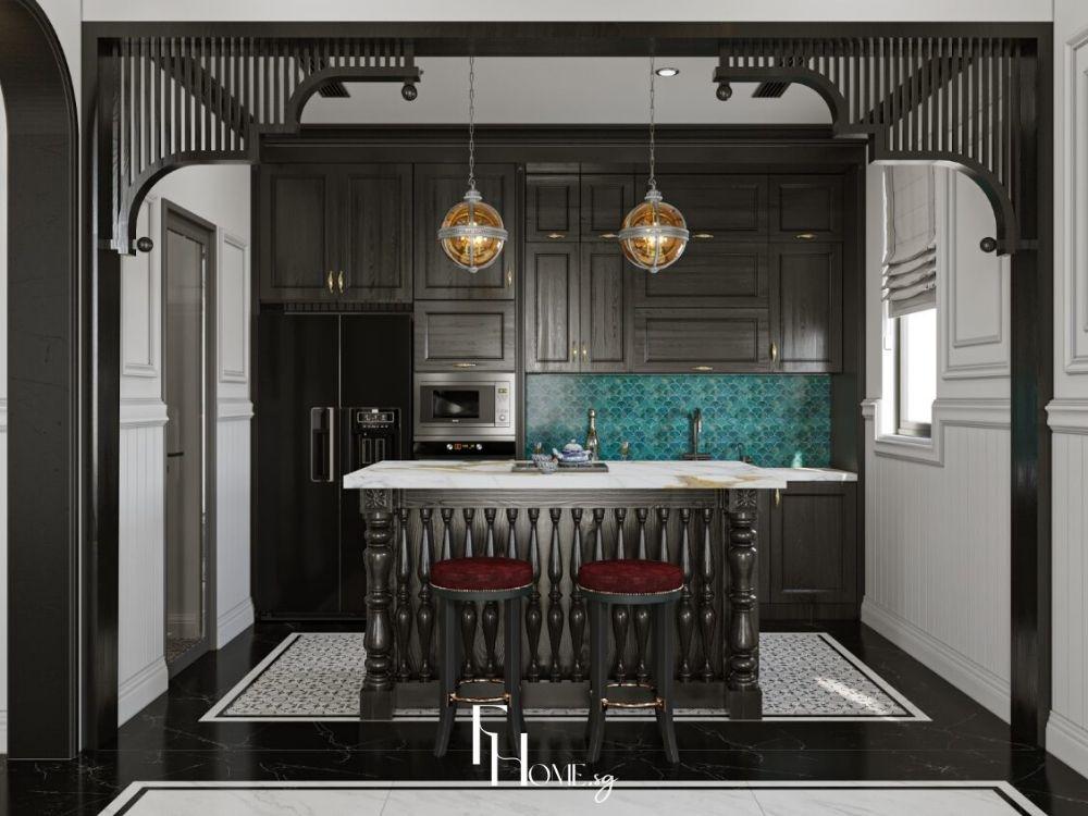 Phòng bếp Indochine với tủ bếp gỗ tự nhiên, mặt bàn đá hoa cương và chi tiết trang trí gốm sứ tạo không gian tiện nghi.