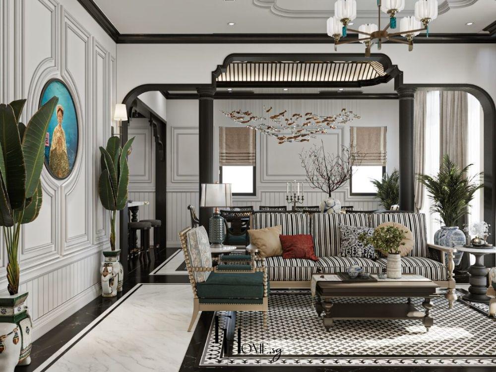 Phòng khách Indochine với sofa vải, bàn trà gỗ và đèn chùm cổ điển tạo không gian sang trọng và ấm cúng.