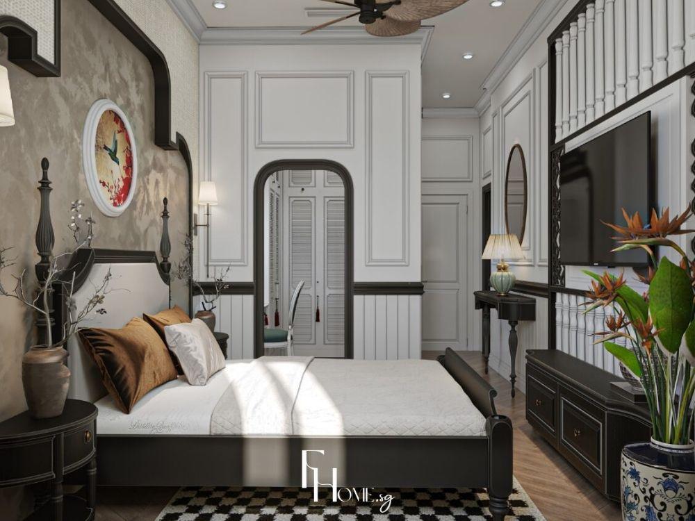 Phòng ngủ Indochine với giường gỗ tự nhiên, bộ chăn ga cao cấp và ánh sáng ấm áp mang đến không gian thư giãn.