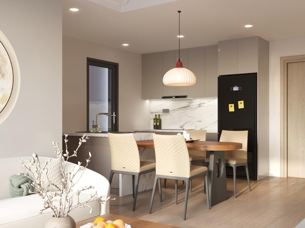 Bố trí bếp liền khách với các giải pháp phân định không gian như đảo bếp, quầy bar, thảm trải sàn