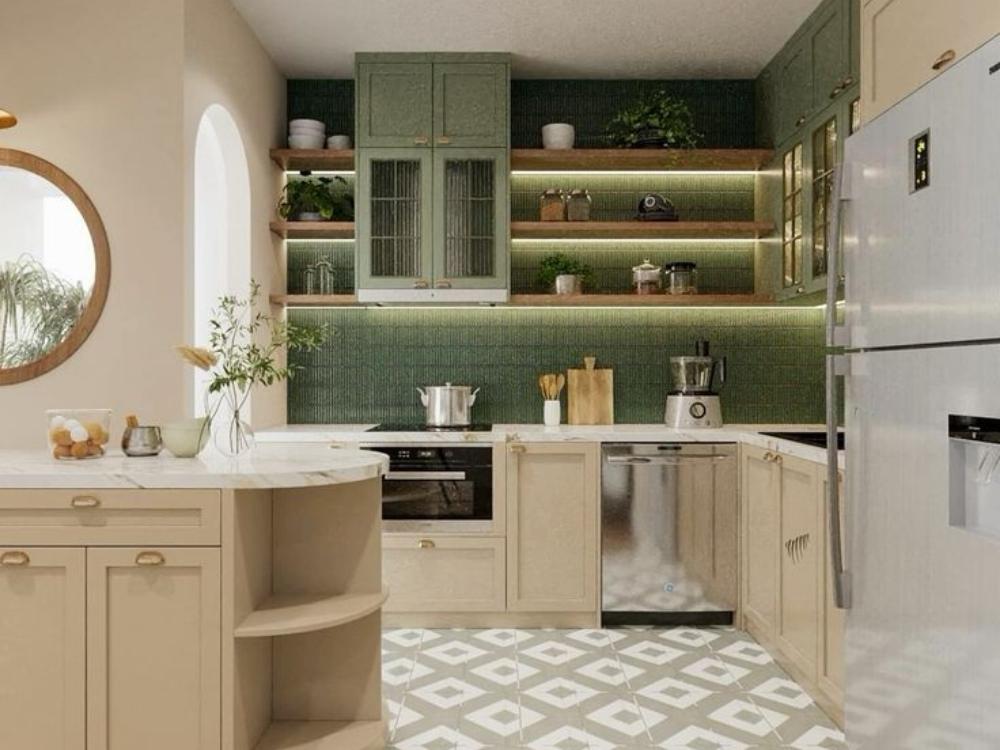 Bố trí cây treo và hệ thống đèn LED dưới tủ bếp giúp tạo không gian sáng sủa và thư giãn cho khu vực nấu nướng