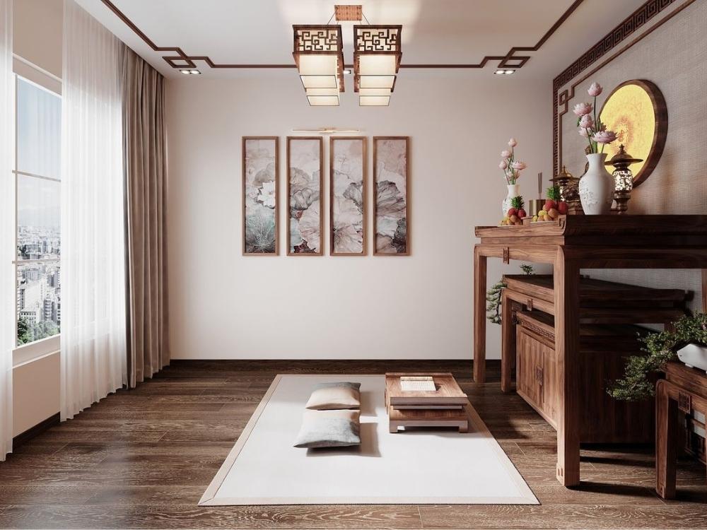 Bố trí phòng thờ gọn gàng, chỉ có bàn thờ và các vật dụng cần thiết