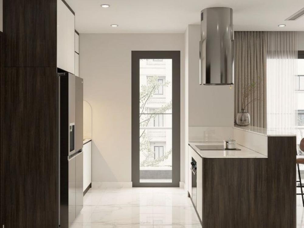 Bố trí tủ bếp song song với không gian lưu trữ rộng và bề mặt thao tác thoải mái