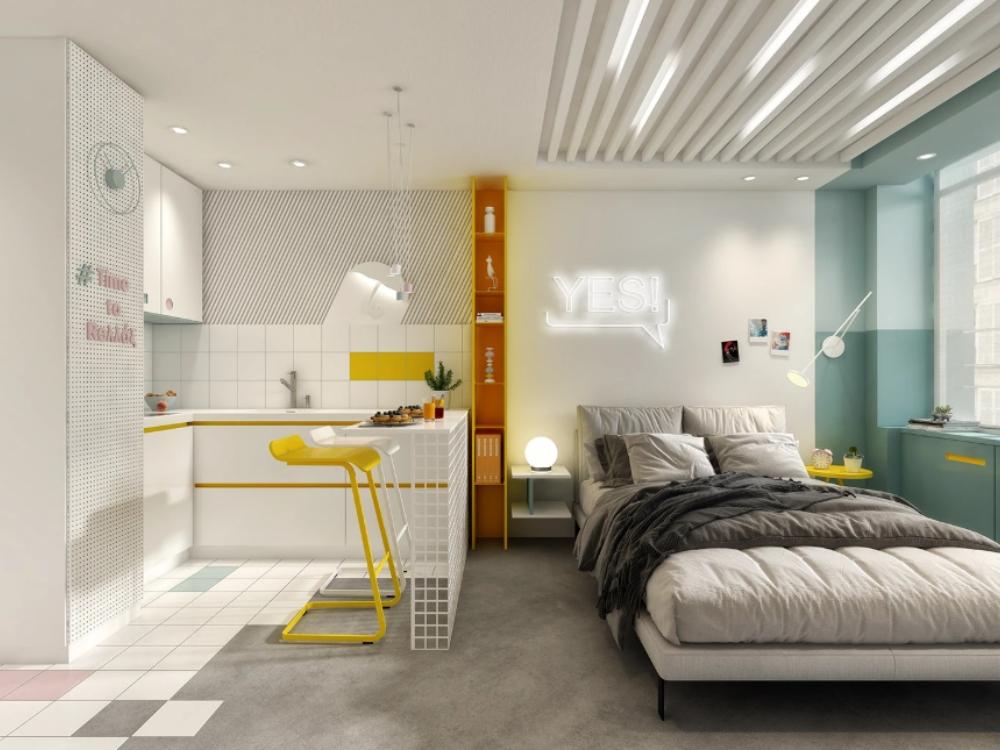 Căn hộ 20m2 với giường sofa đa năng, bàn làm việc gấp gọn, tủ bếp có kệ mở và tủ quần áo âm tường