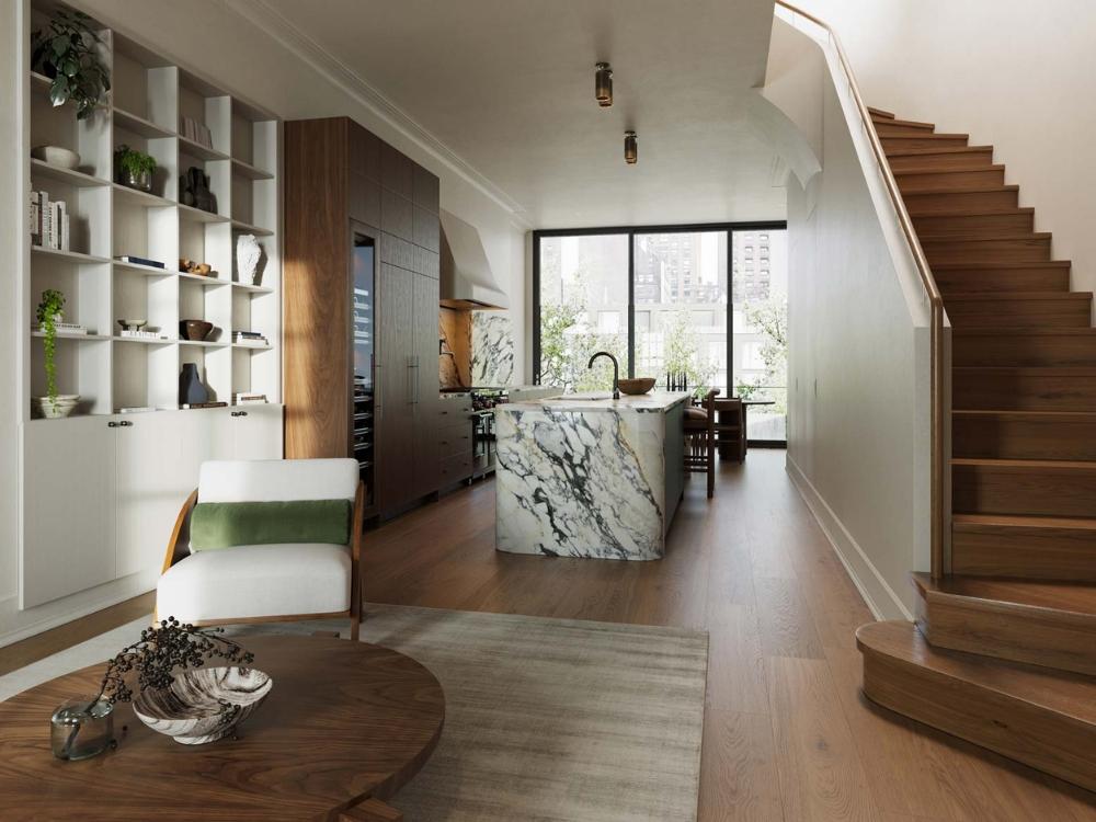 Cầu thang nhà phố 90m² bố trí hợp lý, kết hợp thiết kế nhẹ nhàng và thanh thoát, tạo không gian thông thoáng