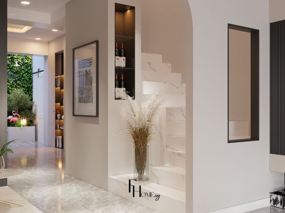Cầu thang nhà phố điểm xuyết bình hoa làm điểm nhấn